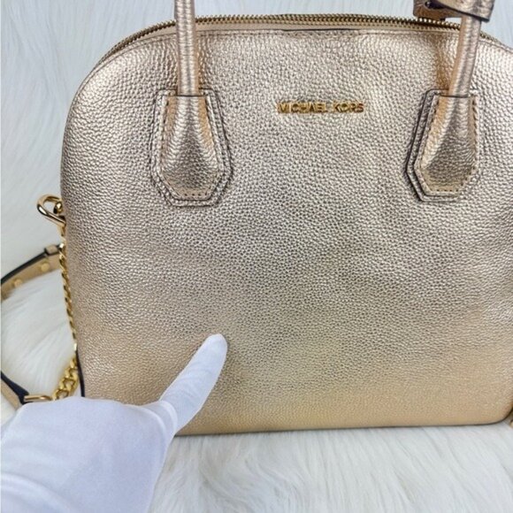 Michael Kors Mercer Metallic Gold Leather Dome Satchel Shoulder Crossbody Bag - Picture 9 of 17